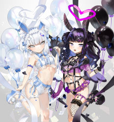Rule 34 | 2girls, aano (10bit), absurdres, animal ears, arm strap, asymmetrical gloves, balloon, belt, bikini, black gloves, blush, breasts, cleavage, earrings, fishnet legwear, fishnets, frills, gloves, hair ornament, hairband, hairclip, highres, huge filesize, jewelry, leg up, lolita hairband, long hair, looking at viewer, mismatched gloves, multiple girls, navel, open mouth, original, pointy ears, purple eyes, purple gloves, purple hair, rabbit ears, sandals, single thighhigh, smile, swimsuit, thighhighs, twintails, white eyes, white hair