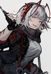 Rule 34 | 1girl, ahoge, antenna hair, arknights, black gloves, black jacket, black scarf, breasts, demon girl, demon horns, detonator, dutch angle, dyed ahoge, emiya negi, eyelashes, fang, fingerless gloves, from side, full-length zipper, gloves, grey background, grey hair, grey shirt, hand up, highres, holding, horns, jacket, large breasts, long sleeves, looking at viewer, looking to the side, multiple scars, o-ring, o-ring strap, open clothes, open jacket, open mouth, red horns, scar, scar on arm, scarf, shirt, short hair, simple background, smile, smirk, solo, standing, strap, teeth, tongue, upper body, w (arknights), yellow eyes, zipper