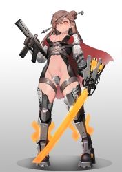 Rule 34 | 1girl, armored boots, assault rifle, bad id, bad pixiv id, belt, blush, boots, breasts, brown hair, cape, center opening, cleavage, crotch plate, energy sword, fang, fang out, full body, gauntlets, gloves, gluteal fold, gradient background, groin, gun, hair between eyes, hair ornament, hair stick, highres, holding, holding gun, holding sword, holding weapon, ihobus, large breasts, long hair, medium breasts, navel, orange eyes, original, revealing clothes, rifle, smile, solo, standing, sword, thigh boots, weapon, white background