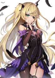 Rule 34 | :o, asymmetrical clothes, bare shoulders, black dress, black gloves, black thighhighs, blonde hair, blush, bow, bowtie, breasts, bridal gauntlets, cowboy shot, dress, eyepatch, feathers, fischl (genshin impact), garter straps, genshin impact, gloves, green eyes, hand on own face, hand up, highres, long hair, looking at viewer, one eye covered, parted lips, purple bow, purple bowtie, short dress, simple background, single glove, single thighhigh, small breasts, solaris (sinhyg), solo, thigh gap, thighhighs, two side up, very long hair, white background