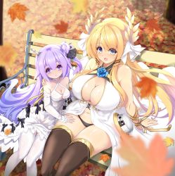 Rule 34 | 2girls, :d, absurdres, arm support, armlet, autumn leaves, azur lane, bare shoulders, bench, bikini, bikini bottom only, black bikini, black legwear, blonde hair, blunt bangs, blurry, breasts, cleavage, collarbone, commentary request, depth of field, detached sleeves, dress, eyes visible through hair, from above, green eyes, hair between eyes, hair bun, hair ornament, hair ribbon, hand on another&#039;s shoulder, highres, large breasts, laurel crown, leaf, long hair, long sleeves, looking at viewer, looking up, machinery, maple leaf, medium breasts, midriff, multiple girls, navel, one side up, open mouth, park bench, purple eyes, purple hair, raranokusu, ribbon, side bun, sidelocks, single hair bun, single side bun, sitting, smile, swimsuit, thighhighs, turret, unicorn (azur lane), victorious (azur lane), white dress, white legwear, zettai ryouiki