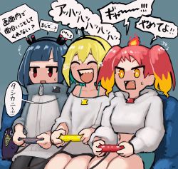 Rule 34 | 3girls, :d, ^ ^, amano pikamee, animal, aqua hair, arrow (symbol), bird, black hair, black hairband, black legwear, black shorts, blonde hair, blue shorts, closed eyes, collarbone, commentary request, controller, couch, crying, fangs, game controller, grey background, gyari (bird), hair between eyes, hairband, high collar, highres, hikasa tomoshika, holding, hood, hood down, hoodie, jacket, jitomi monoe, long sleeves, magnet, midriff, multicolored hair, multiple girls, off-shoulder shirt, off shoulder, on couch, open mouth, pantyhose, partially translated, playing games, puffy long sleeves, puffy sleeves, red eyes, red hair, saji of kamo, sharp teeth, shirt, short shorts, shorts, simple background, sitting, smile, streaming tears, sweat, tears, teeth, translation request, two-tone hair, virtual youtuber, voms, white hoodie, white jacket, white shirt, yellow eyes, zipper pull tab