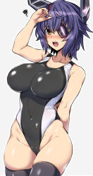 Rule 34 | 1girl, bare arms, bare shoulders, black one-piece swimsuit, black thighhighs, blush, breasts, collarbone, competition swimsuit, covered navel, cowboy shot, eyepatch, grey background, groin, hair between eyes, headgear, highres, kantai collection, large breasts, one-piece swimsuit, open mouth, purple hair, short hair, skindentation, solo, swimsuit, tenryuu (kancolle), thighhighs, thighs, yellow eyes, yoshi tama