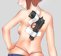 Rule 34 | 1girl, ass, beretta 92, blush, breasts, brown hair, butt crack, closed mouth, concealed weapon, contrapposto, duct tape, ebifly, from behind, grey background, gun, hand on own hip, handgun, head out of frame, medium breasts, original, panties, pink panties, pistol, profile, short hair, simple background, smile, solo, standing, tape, thong, topless, underwear, weapon