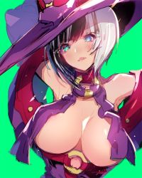 Rule 34 | + +, 1girl, alternate color, arc system works, armpits, bare shoulders, belt, black hair, blue eyes, blush, breasts, collar, covered erect nipples, green background, guilty gear, guilty gear xrd, hat, i-no, jacket, large breasts, leather, leather jacket, looking at viewer, multicolored hair, o-ring, o-ring top, oro (sumakaita), outstretched arms, parted lips, revealing clothes, short hair, simple background, sketch, solo, spread arms, two-tone hair, underboob, upper body, white hair, witch hat