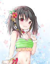 Rule 34 | 1girl, absurdres, arina (pixiv45353079), arina yd, artist name, artist request, bare shoulders, bikini, black hair, blush, bow, bracelet, breasts, cleavage, collarbone, earrings, female focus, floating hair, flower, green bikini, hair bobbles, hair bow, hair flower, hair ornament, hibiscus, highres, jewelry, long hair, looking at viewer, love live!, love live! school idol project, natsuiro egao de 1 2 jump!, navel, necklace, pearl necklace, red eyes, red flower, short hair, small breasts, smile, solo, star (symbol), star earrings, striped bikini, striped clothes, swimsuit, twintails, yazawa nico