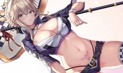 Rule 34 | 1girl, ahoge, artoria pendragon (fate), artoria pendragon (lancer alter) (fate), banner, belt, belt buckle, blonde hair, braid, breasts, buckle, cake rabbits, choker, cleavage, commentary request, crop top, crown, dutch angle, fate/grand order, fate (series), french braid, gradient background, green eyes, highleg, highleg panties, large breasts, panties, pubic tattoo, race queen, short shorts, shorts, shrug (clothing), solo, tattoo, underwear, yellow eyes
