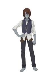 Rule 34 | 1boy, black pants, brown hair, closed mouth, colored skin, grey skin, long hair, looking at viewer, pants, re:monster, red eyes, rou (re:monster), smile, transparent background