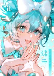 Rule 34 | 1girl, blue bow, blue eyes, blue hair, blue nails, blue necktie, bow, cinnamiku, collar, commentary, eik (eikmoyu), frilled collar, frills, hair bow, hatsune miku, necktie, open mouth, smile, solo, symbol-only commentary, vocaloid