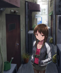 Rule 34 | 1girl, alley, breasts, brown eyes, brown hair, brown pantyhose, camera, cleavage, collarbone, day, hands in pockets, hashi, highres, jacket, light smile, long hair, medium breasts, original, outdoors, pantyhose, skirt, solo, watering can