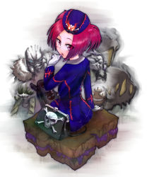Rule 34 | 1girl, back, bag, bone, broww huntsman of dark world, duel monster, eating, fabled kushano, fire, gloves, handbag, hat, hctk, highres, infernity necromancer, looking at viewer, madolche, pantyhose, parody, red eyes, red hair, sangan, sitting, skull, skull and crossbones, tour bus from the underworld, tour guide from the underworld, twintails, uniform, whistle, white gloves, yu-gi-oh!, yuu-gi-ou, yu-gi-oh! duel monsters