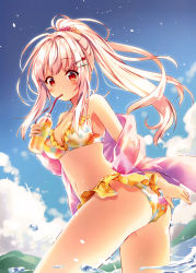 Rule 34 | 1girl, absurdres, ass, bikini, blush, breasts, cleavage, cloud, collarbone, day, drinking, eyebrows, frilled bikini, frills, from below, hair ornament, hairclip, high ponytail, highres, jacket, long hair, medium breasts, mountain, navel, open clothes, open jacket, original, outdoors, pink jacket, ponytail, red eyes, riichu, see-through, silver hair, sky, solo, swimsuit, water, yellow bikini