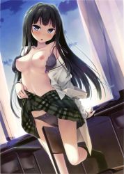 Rule 34 | 1girl, absurdres, ayase sayuki, black bra, black hair, black panties, blue eyes, bow, bow panties, bra, breasts, breasts out, classroom, clothes lift, cloud, cropped, desk, dutch angle, feet, front-hook bra, head tilt, highres, indoors, kantoku, lifted by self, long hair, looking at viewer, medium breasts, navel, nipples, no shoes, open bra, open clothes, open mouth, open shirt, panties, perky breasts, pussy juice, pussy juice stain, scan, school, school desk, shirt, sidelocks, skirt, skirt lift, sky, socks, solo, strap slip, sweat, underwear, window, your diary