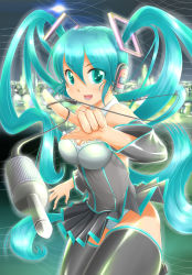 Rule 34 | 1girl, green eyes, green hair, hatsune miku, headphones, highres, irudana, long hair, looking at viewer, matching hair/eyes, open mouth, panties, pantyshot, skirt, smile, solo, striped clothes, striped panties, thighhighs, twintails, underwear, upskirt, very long hair, vocaloid