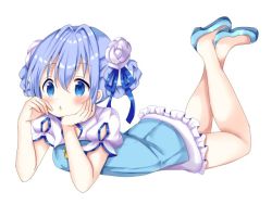 Rule 34 | 1girl, blue dress, blue eyes, blue footwear, blue hair, blue ribbon, blush, braid, braided hair rings, china dress, chinese clothes, chocolat (momoiro piano), commentary request, dress, flower, frilled dress, frills, full body, gochuumon wa usagi desu ka?, hair between eyes, hair flower, hair ornament, hair ribbon, hair rings, hands up, kafuu chino, legs up, looking away, lying, on stomach, parted lips, puffy short sleeves, puffy sleeves, ribbon, rose, shoes, short sleeves, simple background, solo, white background, white flower, white rose