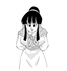 Rule 34 | 1girl, absurdres, arms behind back, bent over, breasts, capelet, chi-chi (dragon ball), commentary, cowboy shot, cropped legs, dragon ball, dragonball z, eyebrows hidden by hair, funsexydb, greyscale, hair bun, highres, large breasts, monochrome, sidelocks, single hair bun, smile, solo, symbol-only commentary, tongue, tongue out