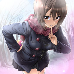 Rule 34 | 1girl, bare tree, black skirt, box, breasts, brown hair, candy, chocolate, chocolate heart, cowboy shot, finger to mouth, food, gift, girls und panzer, hair between eyes, hand on own hip, heart, heart-shaped box, holding, holding box, holding gift, index finger raised, jacket, leaning forward, looking at viewer, nakahira guy, nishizumi maho, outdoors, parted lips, red scarf, scarf, short hair, skirt, smile, solo, tree, valentine