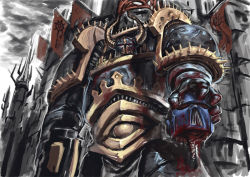 Rule 34 | 1boy, adeptus astartes, araghast the pillager, armor, bad id, bad pixiv id, banner, blood, chaos (warhammer), chaos space marine, guro, helmet, horns, insignia, male focus, outdoors, pauldrons, severed head, shoulder armor, sky, solo, tianzhong zhongtian, wall, warhammer 40k