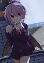 Rule 34 | 1girl, :&lt;, akisome hatsuka, alternate costume, alternate hairstyle, bat wings, black jacket, blurry, blurry background, closed mouth, collared shirt, food, holding, holding food, jacket, long sleeves, looking at viewer, necktie, red eyes, red necktie, remilia scarlet, school uniform, shirt, short hair, solo, standing, touhou, white shirt, wings