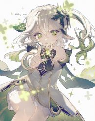 Rule 34 | 1girl, 329kome, bloomers, bracelet, braid, cape, child, cross-shaped pupils, detached sleeves, dress, finger frame, genshin impact, gold trim, gradient hair, green cape, green eyes, green hair, green sleeves, hair ornament, highres, jewelry, leaf hair ornament, long hair, looking at viewer, multicolored hair, nahida (genshin impact), open mouth, pointy ears, side braid, side ponytail, sleeveless, sleeveless dress, solo, symbol-shaped pupils, underwear, white bloomers, white dress, white hair
