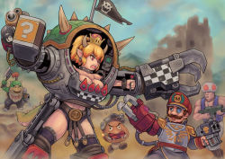 Rule 34 | .75 calibre bolt, 1girl, 3boys, abs, anti-materiel cartridge, armor, axe, blonde hair, bolt (warhammer 40k), bolter, bowser jr., bowsette, breasts, cleavage, commentary request, crossover, crown, dynamite, earrings, exoskeleton, explosive, facial hair, flag, game boy, game boy (original), ghazghkull mag uruk thraka, goomba, handheld game console, high-explosive cartridge, horns, imperium of man, jewelry, kensaint, large breasts, mario, mario (series), mechanical arms, multiple boys, mustache, new super mario bros. u deluxe, nintendo, open mouth, orc, ork (warhammer), pointy ears, ponytail, power claw, red eyes, rocket-assisted projectile, sebastian yarrick, sharp teeth, single mechanical arm, spiked tail, spikes, super crown, tail, teeth, toad (mario), warhammer 40k, weapon, window magazine