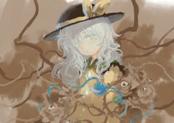 Rule 34 | 1girl, black hat, blouse, bow, closed mouth, eyeball, flower, from side, green eyes, grey hair, hair between eyes, hat, hat bow, head tilt, komeiji koishi, long hair, long sleeves, looking at viewer, looking to the side, no lineart, rose, sad, seeker, sepia background, shirt, signature, solo, third eye, thorns, touhou, upper body, wavy hair, yellow bow, yellow shirt