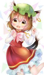 Rule 34 | 1girl, :d, animal ear fluff, animal ears, bow, bowtie, brown eyes, brown hair, cat day, cat ears, cat tail, chen, dress, fangs, feet out of frame, gold trim, green hat, hair between eyes, hands up, happy, hat, highres, leg up, long sleeves, looking at viewer, medium hair, mob cap, multiple tails, nekomata, open mouth, paw pose, petticoat, red dress, simple background, smile, solo, tail, takamoto akisa, tongue, touhou, two tails, white background, white bow, white bowtie