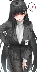 Rule 34 | 1girl, 27h kikyo, anger vein, angry, black coat, black hair, black pantyhose, black skirt, blue archive, blush, breasts, bright pupils, coat, commentary request, hair ornament, hairpin, hand on own hip, highres, id card, lapels, large breasts, leaning forward, long hair, long sleeves, looking at viewer, open mouth, pantyhose, red eyes, rio (blue archive), simple background, skirt, solo, spoken anger vein, sweater, v-shaped eyebrows, white background, white pupils, white sweater