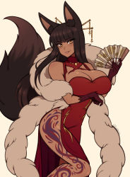 Rule 34 | 1girl, absurdres, animal ears, arm under breasts, blunt bangs, blush, breast lift, breasts, brown eyes, brown gloves, brown hair, cleavage, commission, dark-skinned female, dark skin, dress, fox ears, fox girl, fox tail, gloves, hand fan, highres, holding, holding fan, large breasts, leg tattoo, lips, long hair, looking at viewer, original, parted lips, red dress, smile, solo, tail, tattoo, the scarlet devil