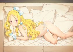 Rule 34 | 1girl, absurdres, bare shoulders, bikini, blonde hair, bow, breasts, choker, couch, detexted, drill hair, eromanga sensei, gloves, hair ribbon, highres, long hair, looking at viewer, lying, navel, on side, ooyari ashito, parted bangs, petite, pillow, pink eyes, pointy ears, ribbon, ribbon choker, scan, shiny skin, side-tie bikini bottom, skindentation, small breasts, solo, sweat, swimsuit, third-party edit, white bikini, white gloves, yamada elf