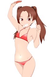 Rule 34 | 1girl, arm up, bikini, black bow, bow, breasts, brown eyes, brown hair, chips (food), cowboy shot, food, girls und panzer, grin, hair bow, holding, holding food, kadotani anzu, long hair, looking at viewer, navel, parted bangs, potato chips, red bikini, simple background, skindentation, small breasts, smile, solo, standing, swimsuit, tanaka rikimaru, thumbs up, twintails, white background