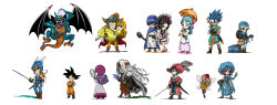 6+boys 6+girls ancestor_and_descendant armor bat_wings black_hair blonde_hair blue_hair blue_turban book brown_hair cape carrying character_request chibi couple crossover curly_hair daisy_(dq) dark-skinned_female dark_skin deborah_(dq5) demon_boy dog dragon_ball dragon_quest dragon_quest_i dragon_quest_ii dragon_quest_iv dragon_quest_ix dragon_quest_v dragon_quest_vi dragon_quest_yuusha_abel_densetsu dress fairy fake_horns fenyon floating_hair flora_(dq5) gyaru hair_pulled_back hand_on_own_hip hands_on_own_hips hat_feather helmet hero_(dq1) hero_(dq5) hero_(dq6) high_heels highres holding holding_book holding_sword holding_umbrella holding_weapon horned_helmet horns in-franchise_crossover looking_at_mirror mirror monster multiple_boys multiple_girls orange_dougi orange_hair parasol pauldrons pink_dress pisaro pointy_ears princess princess_carry princess_laura princess_of_moonbrook purple_hair rapier red_cape sandy_(dq9) shoulder_armor sidoh single_bang single_pauldron son_goku spiked_hair spiked_pauldrons sword terry_(dq6) tiara umbrella weapon white_background white_hair wings yellow_dress