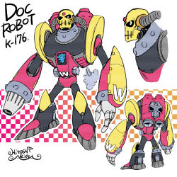 Rule 34 | 1boy, ariga hitoshi, arm cannon, armor, artist name, black armor, black footwear, boots, character name, character sheet, checkered background, commentary request, concept art, doc robot (mega man), english text, forehead jewel, from behind, from side, full body, gem, gradient background, highres, industrial pipe, knee boots, looking ahead, looking at viewer, male focus, mega man (classic), mega man (series), mega man 3, mega man megamix, multiple views, no humans, orange background, red armor, red background, red footwear, red gemstone, robot, scanlines, science fiction, screw, signature, simple background, skull, standing, tornado, turnaround, two-tone footwear, weapon, white background, yellow armor, yellow footwear