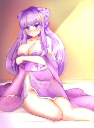 Rule 34 | 1girl, absurdres, bare shoulders, bed, blackrock shooter-0505, blush, bow, breasts, cleavage, collarbone, crescent, crescent hair ornament, frown, hair bow, hair ornament, highres, japanese clothes, kimono, large breasts, long hair, looking at viewer, naked kimono, no headwear, no headwear, patchouli knowledge, plump, purple bow, purple eyes, purple hair, purple kimono, shading, solo, thighs, touhou, very long hair