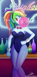 Rule 34 | 1girl, animal ears, bar (place), bottle, breasts, chewing gum, cleavage, detached collar, hasbro, highres, large breasts, leotard, long hair, looking at viewer, multicolored hair, my little pony, my little pony: equestria girls, my little pony: friendship is magic, neon sign, pantyhose, playboy bunny, ponytail, rabbit ears, rainbow dash, rainbow hair, red eyes, signature, solo, the-butch-x, the-butcher-x, wrist cuffs