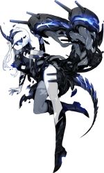 Rule 34 | 1girl, abyssal ship, artist request, ascot, asymmetrical hair, black dress, blue eyes, boots, character cutout, colored skin, dress, full body, glowing, glowing eye, horns, kantai collection, leg up, long hair, machinery, ne-class heavy cruiser, official art, oguchi, one eye covered, short dress, single horn, solo, tail, transparent background, turret, white hair, white skin