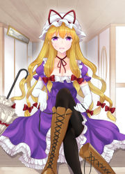Rule 34 | 1girl, black pantyhose, blonde hair, blush, boots, breasts, brown footwear, choker, cleavage, cross-laced footwear, crossed legs, dress, elbow gloves, frilled dress, frills, gloves, hair ribbon, hat, hat ribbon, knee boots, lace-up boots, long hair, looking at viewer, medium breasts, meet (105r), mob cap, pantyhose, parasol, puffy short sleeves, puffy sleeves, purple dress, purple eyes, putting on shoes, ribbon, ribbon choker, shoes, short sleeves, sidelocks, single boot, single shoe, sitting, solo, sweat, touhou, tying shoes, umbrella, unworn boot, unworn boots, white gloves, yakumo yukari