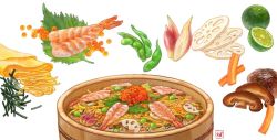 Rule 34 | bad id, bad pixiv id, bowl, carrot, chirashi (food), edamame, fish (food), food, food focus, fruit, ikura (food), leaf, lime (fruit), lime slice, lotus root, meat, mushroom, no humans, noodles, omelet, onion, original, peas, realistic, roe, seafood, seaweed, shrimp, simple background, still life, sushi, tamagoyaki, vegetable, waopwaop, white background