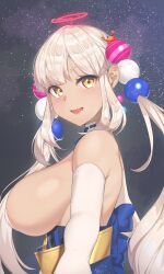 Rule 34 | 1girl, absurdres, blonde hair, breasts, bridal gauntlets, dress, hair ornament, highres, hololive, hololive english, kaniko (tsukumo sana), large breasts, light blush, limiter (tsukumo sana), long hair, looking at viewer, low twintails, lower teeth only, night, night sky, open mouth, planet hair ornament, reaching, reaching towards viewer, ribbon, sideboob, sky, smile, solo, space, star (sky), starry sky, tearing up, teeth, tsukumo sana, tsukumo sana (1st costume), twintails, ungu, upper body, virtual youtuber, white bridal gauntlets, yellow eyes