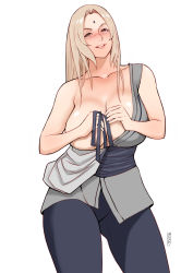 Rule 34 | 1girl, absurdres, blonde hair, blush, breasts, brown eyes, cleavage, covering privates, covering breasts, drunk, facial mark, forehead mark, hair down, highres, jnsdh, large breasts, long hair, looking at viewer, mature female, naruto, naruto (series), no bra, one breast out, simple background, smile, solo, tsunade (naruto), undressing, white background