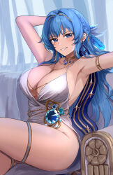 Rule 34 | 1girl, absurdres, arm behind head, armlet, armpits, arms up, blue eyes, blue hair, braid, breasts, cleavage, couch, crossed legs, crown braid, dress, earrings, feather hair ornament, feathers, goddess of victory: nikke, grin, hair intakes, hair ornament, helm (chandelier) (nikke), helm (nikke), highres, jewelry, large breasts, long hair, looking at viewer, nonbire, on couch, sideboob, sitting, sleeveless, sleeveless dress, smile, solo, thigh strap, thighs, white dress
