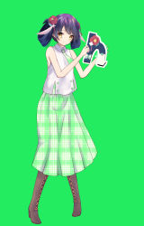 Rule 34 | 1girl, absurdres, black hair, boots, closed mouth, cross-laced footwear, green background, hanakoto igusa, highres, lace-up boots, long hair, looking at viewer, microphone, necktie, rascala39, ribbon, shirt, simple background, skirt, smile, solo, split, standing, virtual youtuber, yellow eyes