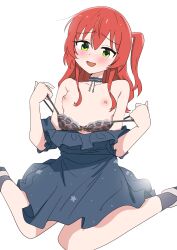 Rule 34 | 1girl, :d, absurdres, artist request, blush, bocchi the rock!, bow, bra, bra pull, breasts, choker, clothes pull, dress, frilled dress, frills, green eyes, highres, kita ikuyo, nipples, open mouth, red hair, side ponytail, sitting, small breasts, smile, solo, star (symbol), underwear