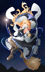 Rule 34 | 1girl, adapted costume, armpit peek, bare shoulders, black dress, boots, braid, breasts, broom, broom riding, brown footwear, closed mouth, crescent print, dress, floating hair, flying, full body, hat, highres, holding, kirisame marisa, knee boots, light particles, light trail, long hair, medium breasts, mini-hakkero, night, night sky, petticoat, sefushi, side braid, single braid, sky, sleeveless, sleeveless dress, smile, solo, star (sky), star (symbol), star print, starry sky, touhou, very long hair, witch hat, yellow eyes