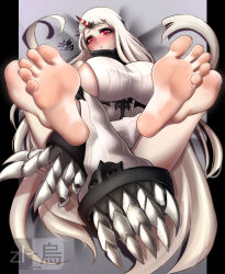 Rule 34 | 1girl, artist logo, artist name, bare legs, barefoot, bed sheet, blush, breasts, claws, commentary, commission, covering privates, covering crotch, dorsiflexion, english commentary, eyelashes, feet, feet up, foot focus, from above, full body, highres, horns, huge breasts, kantai collection, knees up, long hair, long sleeves, lying, on back, pink eyes, ribbed sweater, seaport princess, shadow, sideboob, single horn, sleeves past wrists, soles, solo, spread toes, sweater, toenails, toes, turtleneck, very long hair, watermark, white hair, zl-crow red