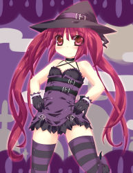 Rule 34 | alfred, gloves, hat, highres, kooh, long hair, pangya, red eyes, red hair, skirt, solo, striped, thighhighs, twintails, witch, witch hat