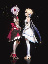 Rule 34 | 2girls, abbystea, apron, armor, armored dress, black background, black gloves, blonde hair, blush, bow, braid, braided bangs, breasts, dress, flower, frills, from side, gauntlets, genshin impact, gloves, grey hair, hair flower, hair ornament, high heels, highres, holding hands, looking at another, lumine (genshin impact), maid, maid headdress, medium breasts, multiple girls, noelle (genshin impact), profile, red flower, red rose, rose, scarf, short hair, short hair with long locks, simple background, standing, white apron, white dress, white scarf
