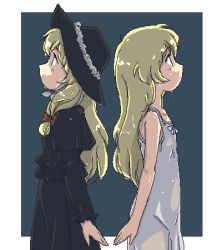 Rule 34 | 00s, 1girl, 4040 (abonriya), back-to-back, blonde hair, cosette, dress, dual persona, hat, les miserables, looking up, lowres, nippon animation, oekaki, outside border, profile, simple background, symmetry, wet, world masterpiece theater