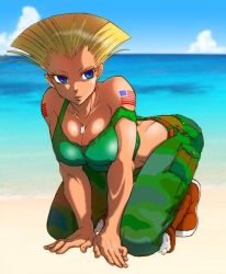 Rule 34 | 1girl, american flag, bad id, bad pixiv id, bare shoulders, beach, bent over, blonde hair, blue eyes, boots, breasts, camouflage, capcom, capcom fighting jam, cleavage, day, dog tags, flattop, frown, genderswap, genderswap (mtf), guile, image sample, large breasts, marimo (yousei ranbu), midnight bliss, ocean, off shoulder, outdoors, pixiv sample, resized, short hair, solo, street fighter, tank top, tattoo, water