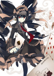 Rule 34 | 10s, 1girl, ace (playing card), ace of spades, black hair, black thighhighs, bonnet, card, celestia ludenberg, danganronpa: trigger happy havoc, danganronpa (series), drill hair, flower, gothic lolita, highres, joker (playing card), lolita fashion, long hair, monokuma, necktie, playing card, queen (playing card), queen of hearts (playing card), red eyes, rose, smile, solo, spade (shape), thighhighs, total9, twin drills, twintails